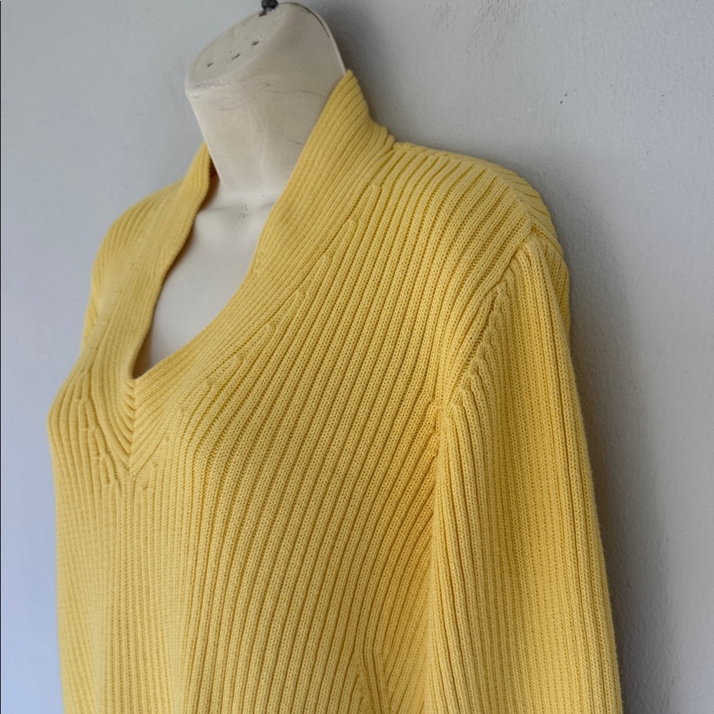 Vintage Y2K Liz Claiborne bright yellow ribbed knit notch neckline sweater large - Picture 7 of 13